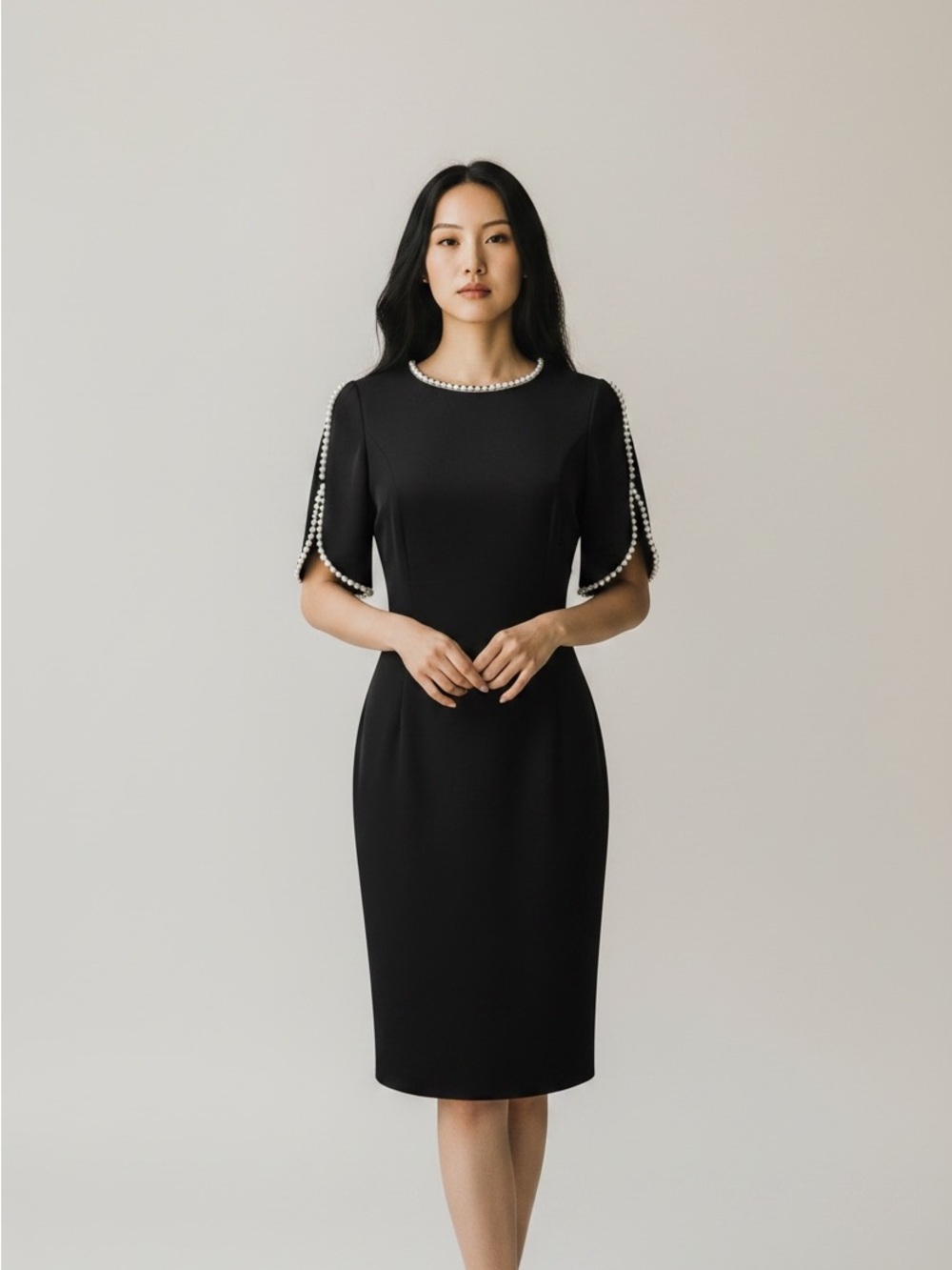 NORDSTROM NWT - Adrianna Papell Black Midi Sheath with Pearl-Trim Neck & Sleeves